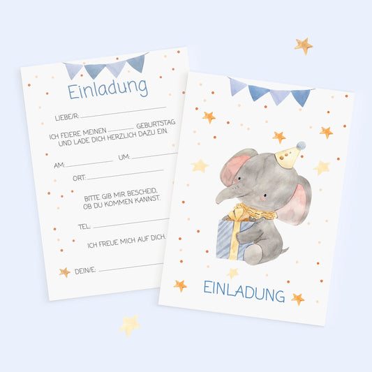 Einladung Kindergeburtstag Elefant A6: Vorderseite mit einem Elefanten, der ein Geschenk hält. Rückseite zum Ausfüllen.Hochwertiges, mattes Naturpapier, 10,5 x 14,8 cm.