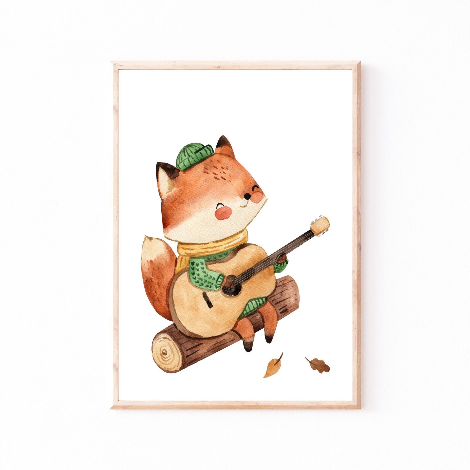 Posterset Camping Fuchs und Igel A4 & A3: Aquarell eines Fuchses, der Gitarre spielt, ideal für Kinderzimmerdekoration. Hochwertiges, mattes Naturpapier.