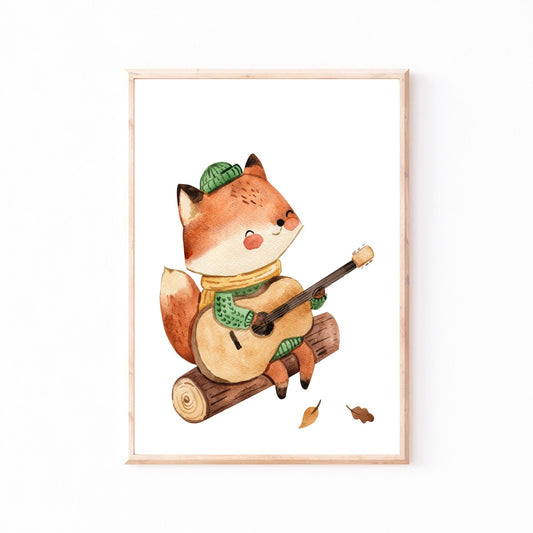 Posterset Camping Fuchs und Igel A4 & A3: Aquarell eines Fuchses, der Gitarre spielt, ideal für Kinderzimmerdekoration. Hochwertiges, mattes Naturpapier.