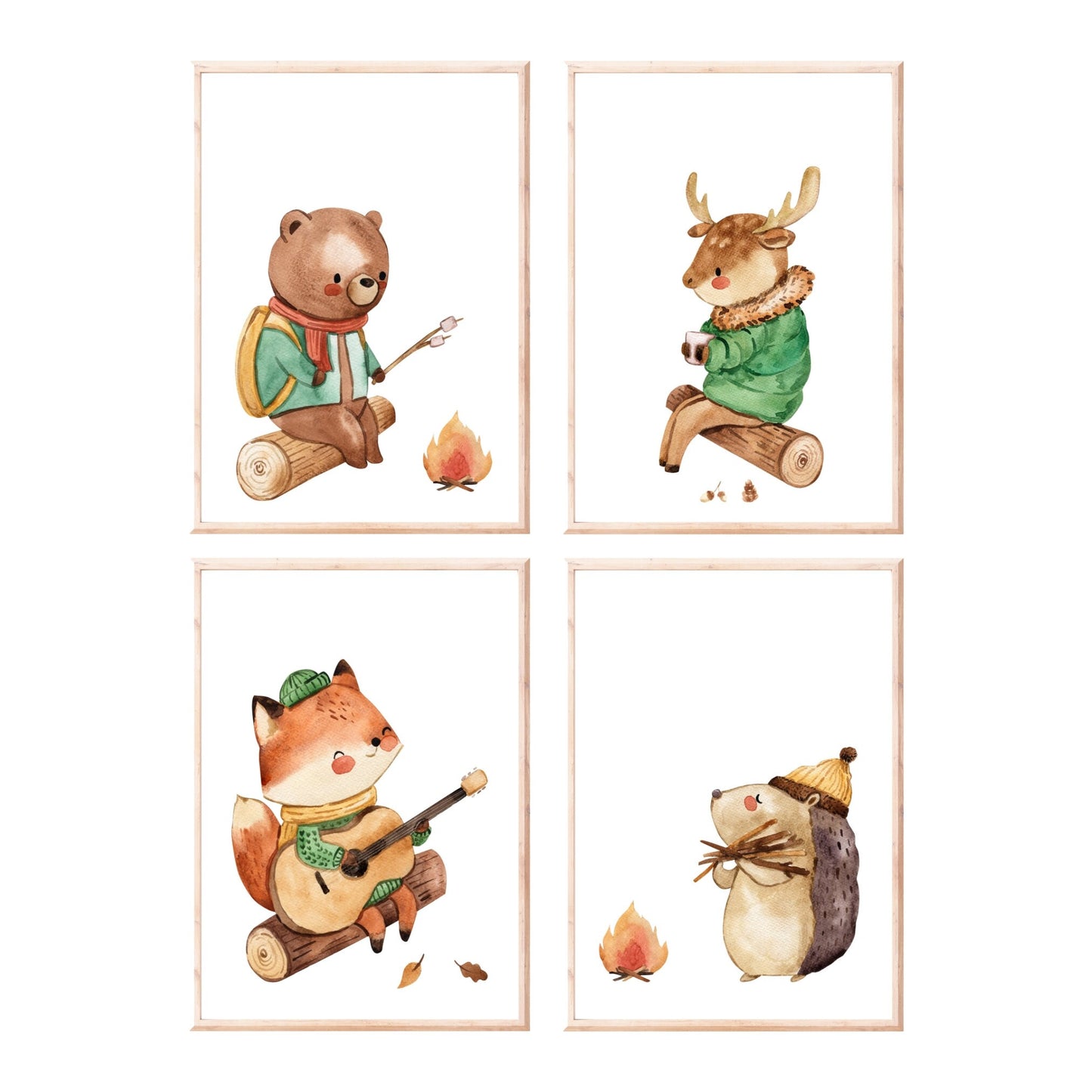 Posterset Camping Bär und Hirsch A4 & A3 zeigt Aquarelltiere: Bär, Hirsch, Fuchs, Igel auf einem Baumstamm, ideal für Kinderzimmerdeko.