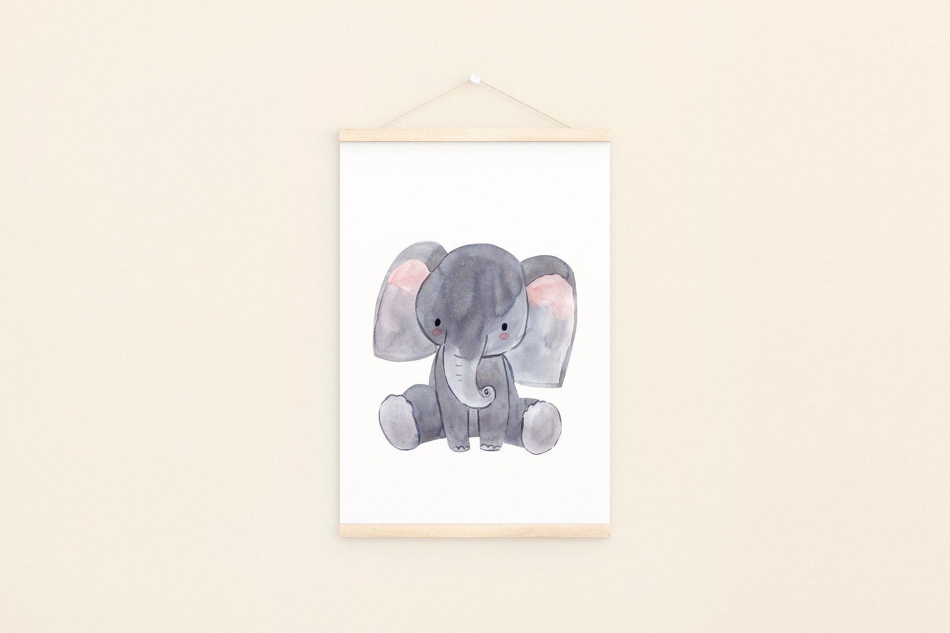 Aquarell, Baby-Elefant aus dem Posterset Safari Löwe, Elefant, Giraffe A4 & A3, ideal für Kinderzimmerdeko oder als Geschenk zur Geburt.