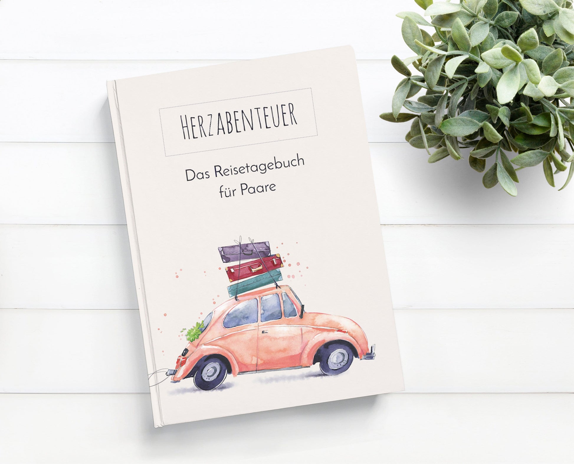 Reisetagebuch für Paare A5 Hardcover Honeymoon mit Auto und Gepäck auf dem Cover, ideal zum Planen und Festhalten von Reiseerinnerungen.