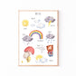 Poster Wetter A4 & A3 Lernposter zeigt kindgerechte Illustrationen von Tieren, Regenbogen, Wolken und Wetterphänomenen, ideal zur spielerischen Wettererziehung im Kinderzimmer.