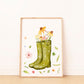 Poster Gummistiefel und Wildblumen A4 & A3: handgemaltes Bild, grüne Gummistiefel voller bunter Wildblumen, gedruckt auf hochwertigem 300g Naturpapier.