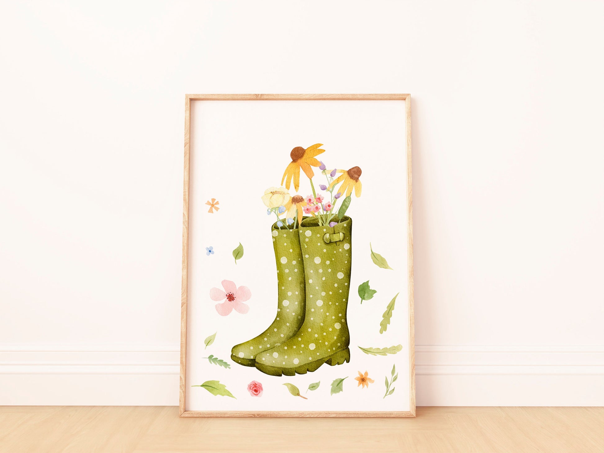 Poster Gummistiefel und Wildblumen A4 & A3: handgemaltes Bild, grüne Gummistiefel voller bunter Wildblumen, gedruckt auf hochwertigem 300g Naturpapier.