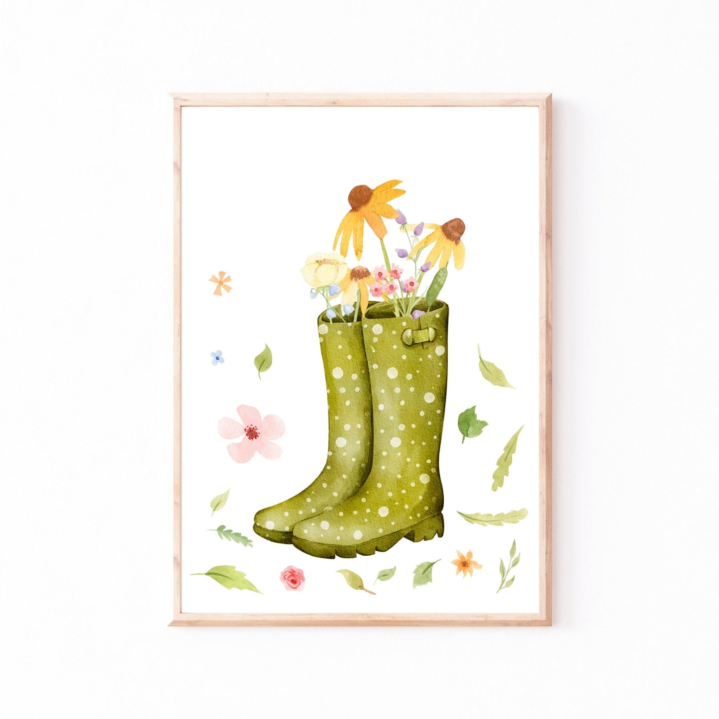 Poster Gummistiefel und Wildblumen A4 & A3: Handgemaltes Bild, grüne Gummistiefel mit Wildblumen, ideal für farbenfrohe Kinderzimmer oder Küchen. Hochwertiges, mattes Naturpapier.