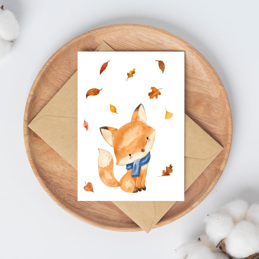 Karte Fuchs & Herbstlaub A6: Eine Postkarte mit Aquarell-Fuchs im Herbstlaub, auf hochwertigem Naturpapier gedruckt. Perfekt für Grüße oder als Herbstdekoration.