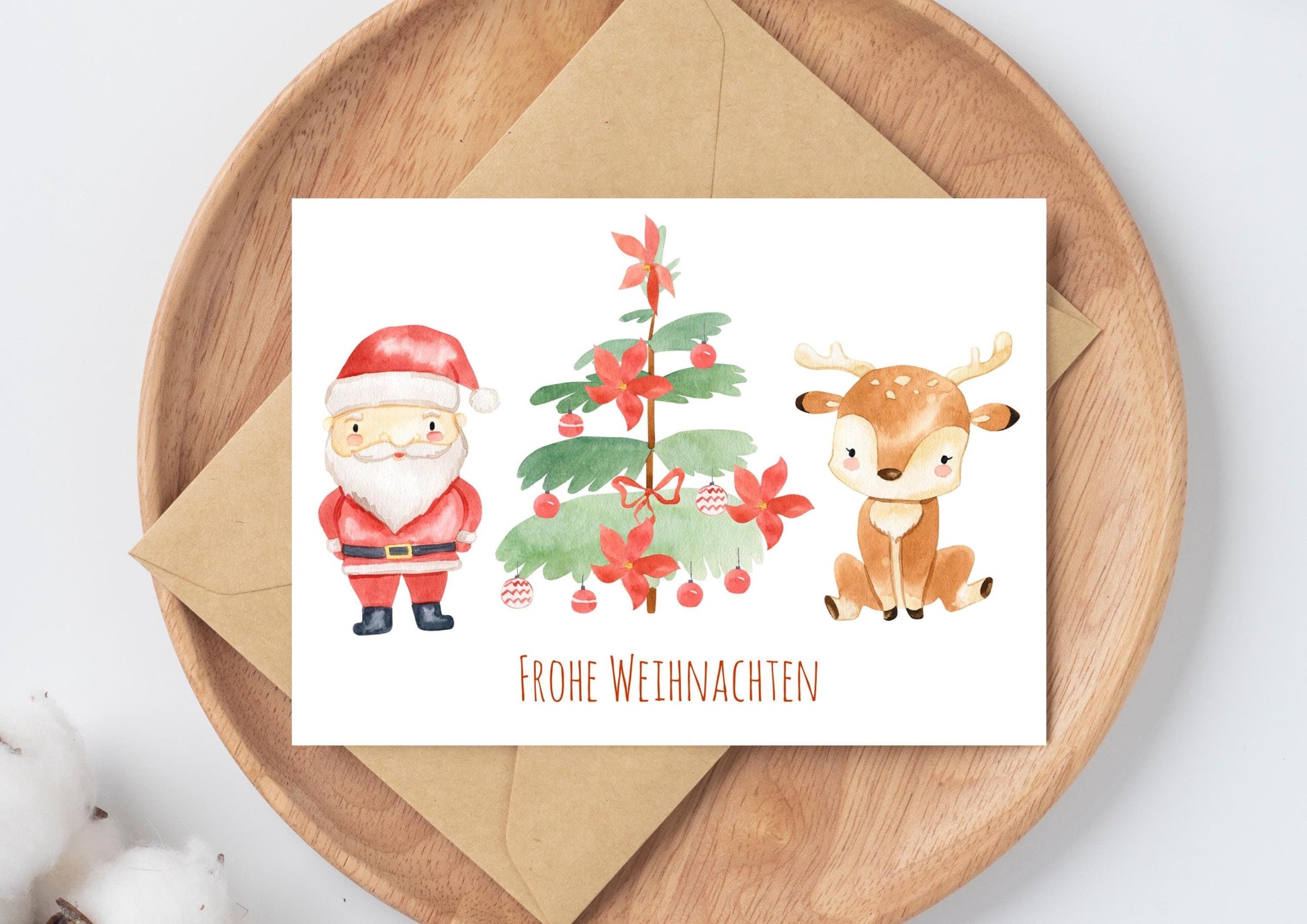 Weihnachtskarte Weihnachtsmann & Rentier Frohe Weihnachten A6, mit liebevoller, weihnachtlicher Aquarellillustration von Weihnachtsmann, Rentier und Baum, auf hochwertigem, mattem 300g Naturpapier.