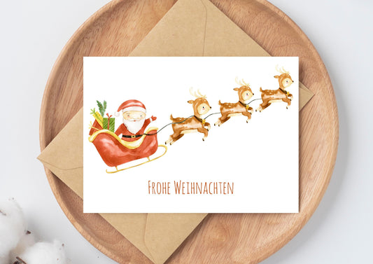 Weihnachtskarte Weihnachtsschlitten Frohe Weihnachten A6: handgemalter Weihnachtsmann im Schlitten mit Geschenken, gedruckt auf hochwertigem, stabilem 300g Naturpapier.