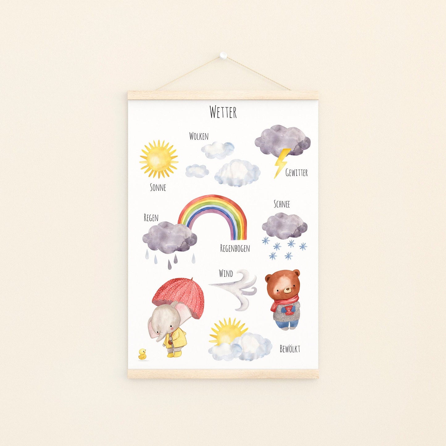 Poster Wetter A4 & A3 Lernposter: Illustration eines Bären, Regenbogen, Wolken und Sonne, ideal als lehrreiche Kinderzimmerdeko, gedruckt auf hochwertigem Naturpapier.