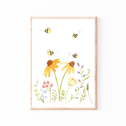 Poster Wildblumen und Bienen A4 & A3, handgemaltes Bild mit Wildblumen und Bienen, ideal für Kinderzimmerdeko oder als Geschenk.