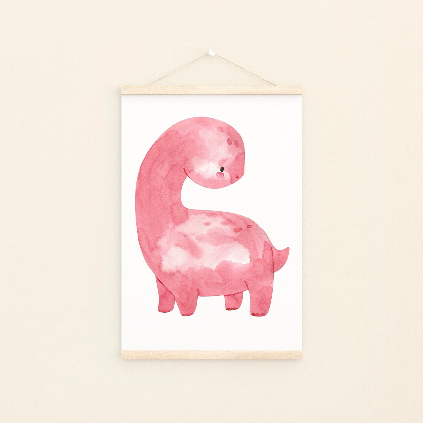 Poster Dinosaurier Pink A4 & A3, handgemalt, pinker Dino mit langem Hals, ideal zur Dekoration von Kinderzimmern. Gedruckt auf hochwertigem 300g Naturpapier.