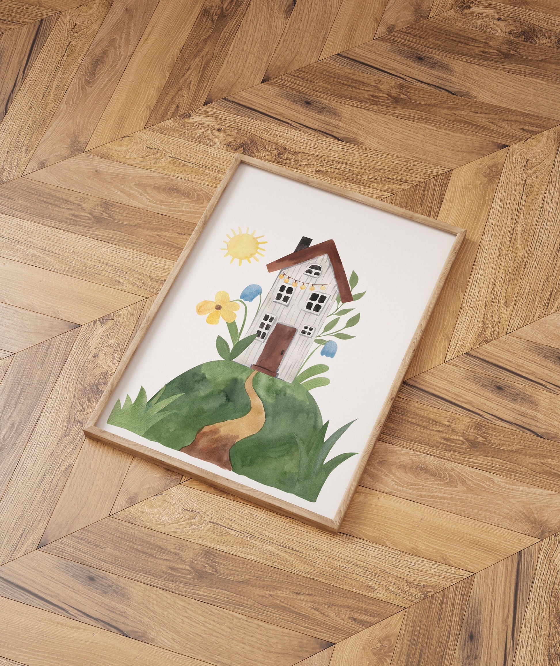 Poster Villa Kunterbunt A4 & A3: Handgemaltes Kinderzimmerbild einer Villa auf einem Hügel, gedruckt auf 300g Naturpapier, ideal als fantasievolle Deko oder Geschenk.