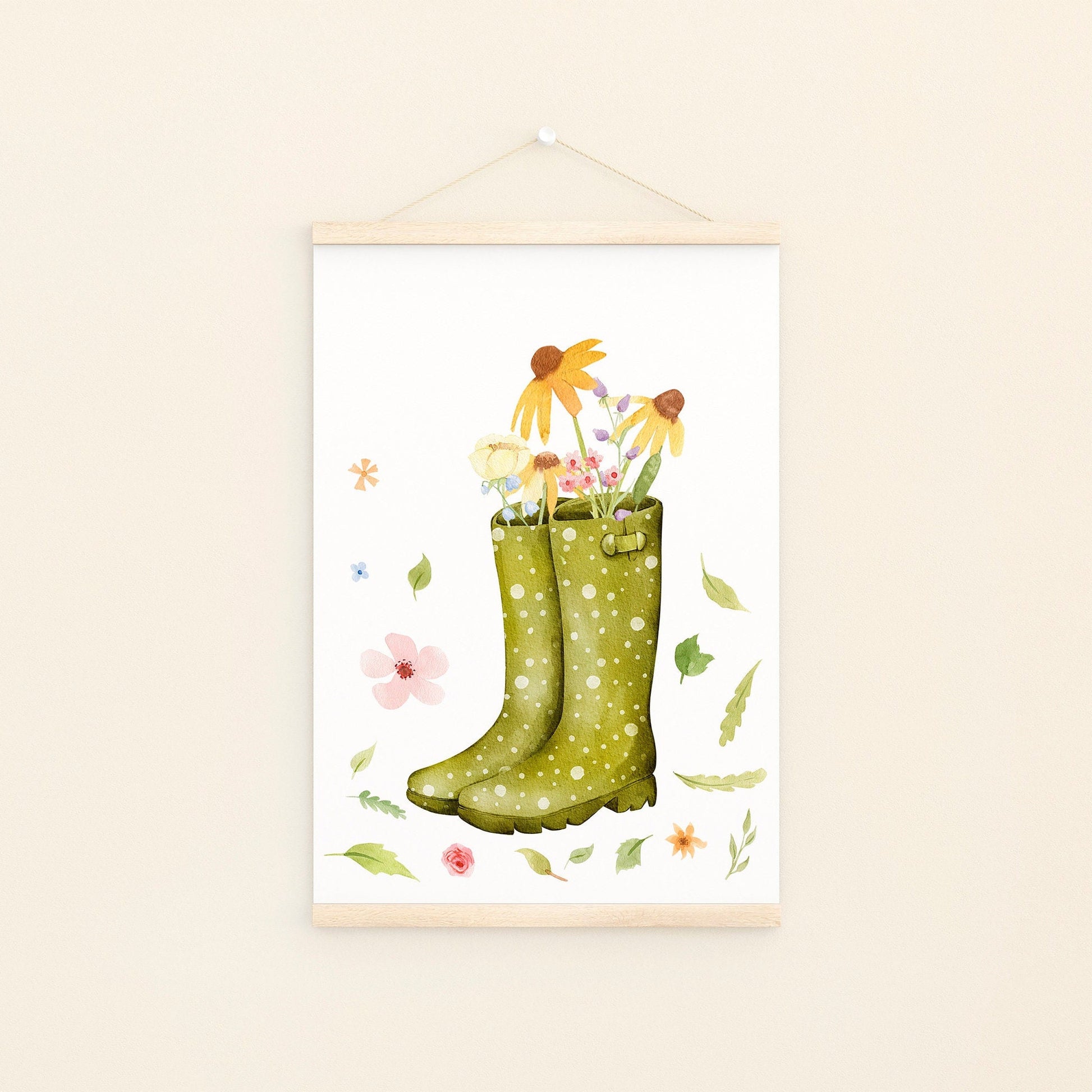 Poster Gummistiefel und Wildblumen A4 & A3: handgemalte Illustration, grüne Gummistiefel, gefüllt mit bunten Wildblumen auf weißem Hintergrund.