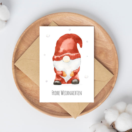 Weihnachtskarte mit Weihnachtsmann-Illustration und Frohe Weihnachten Schriftzug auf hochwertigem Naturpapier, A6-Größe, ideal für Weihnachtsgrüße oder als Dekoration.