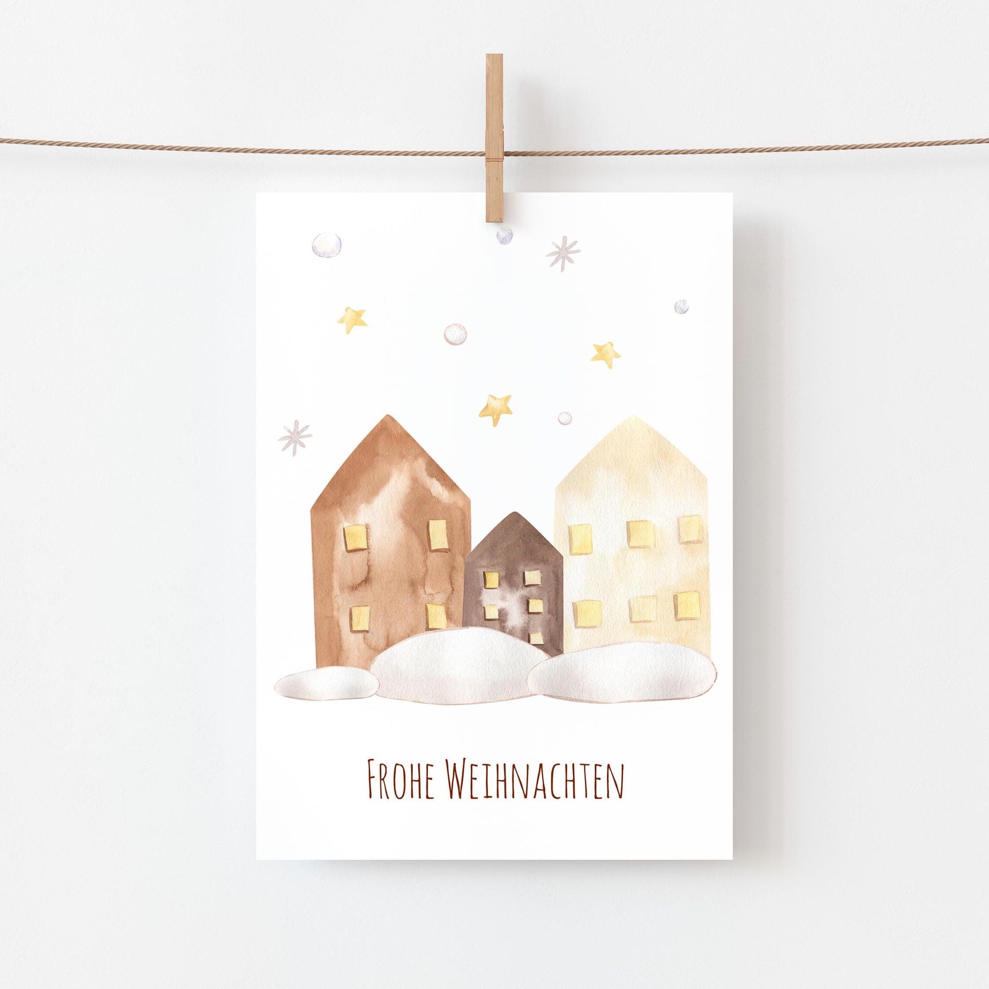 Weihnachtskarte Häuser & Sterne Frohe Weihnachten A6, Aquarellzeichnung von verschneiten Häusern. Gedruckt auf 300g Naturpapier, ideal für Weihnachtsgrüße.