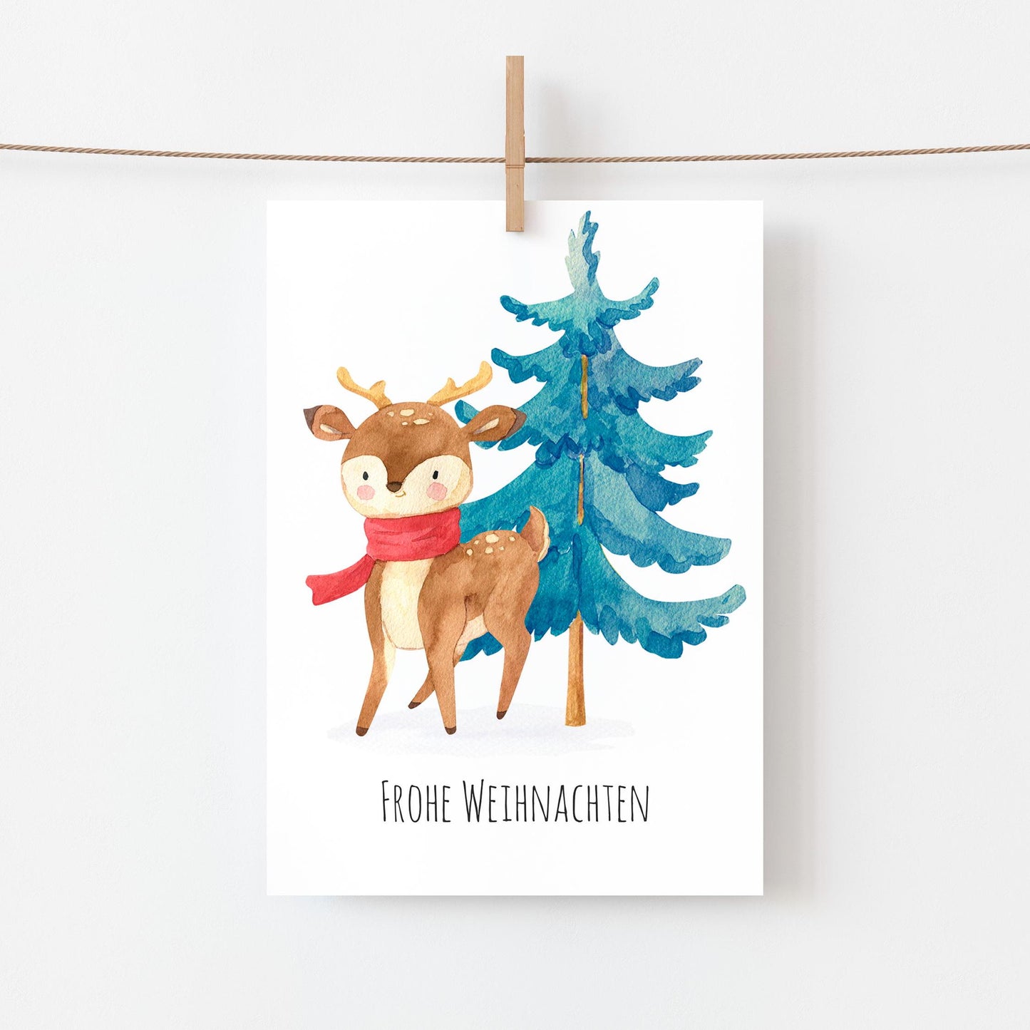 Weihnachtskarte Reh & Tannenbaum Frohe Weihnachten A6, hochwertige Karte mit Reh und Weihnachtsbaum Illustration, ideal für Weihnachtsgrüße.