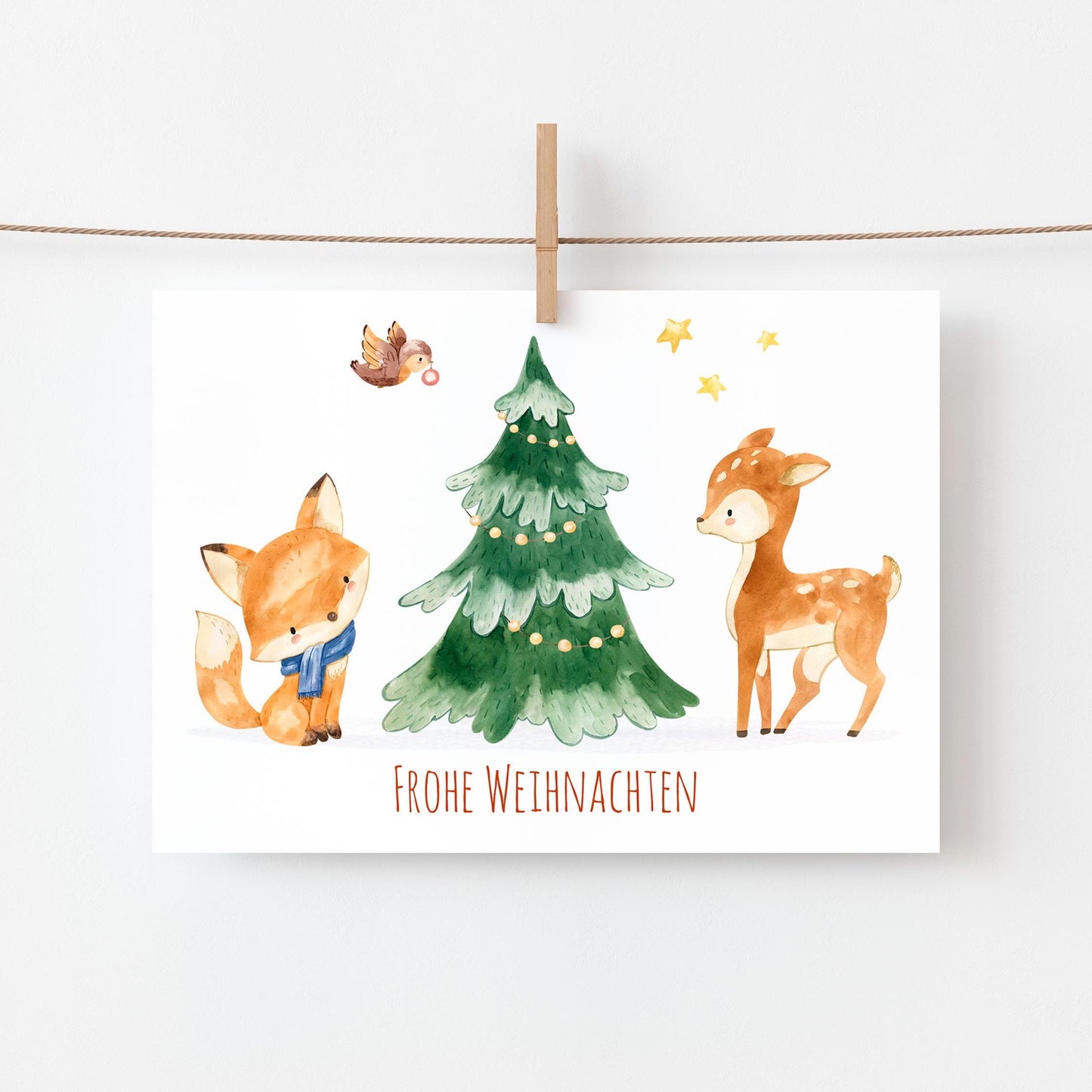 Weihnachtskarte Reh & Fuchs Frohe Weihnachten A6: Aquarell von einem Weihnachtsbaum, Fuchs und Reh, gedruckt auf hochwertigem 300g Naturpapier.