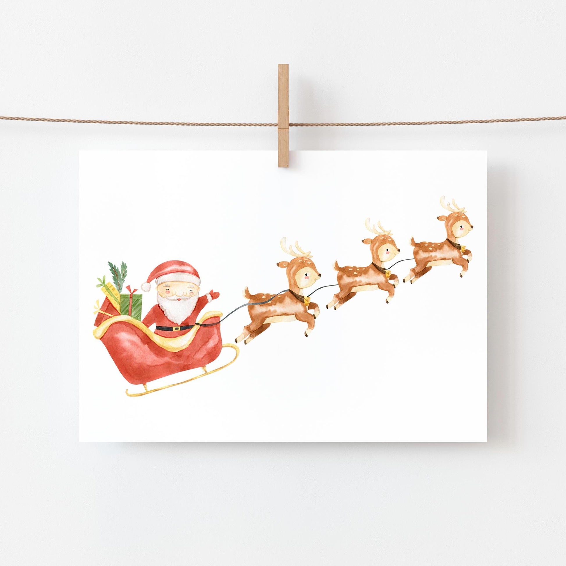 Weihnachtskarte Weihnachtsschlitten A6, mit Aquarellillustration von Santa Claus im Schlitten mit Rentieren, auf hochwertigem, stabilem 300g Naturpapier gedruckt.