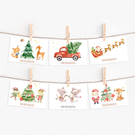 Weihnachtskarten-Set 6 Karten Weihnachtsabend Frohe Weihnachten A6: Aquarellmotive wie roter LKW mit Baum, Weihnachtsmann, Rentier und Mäuse mit Lichterkette.