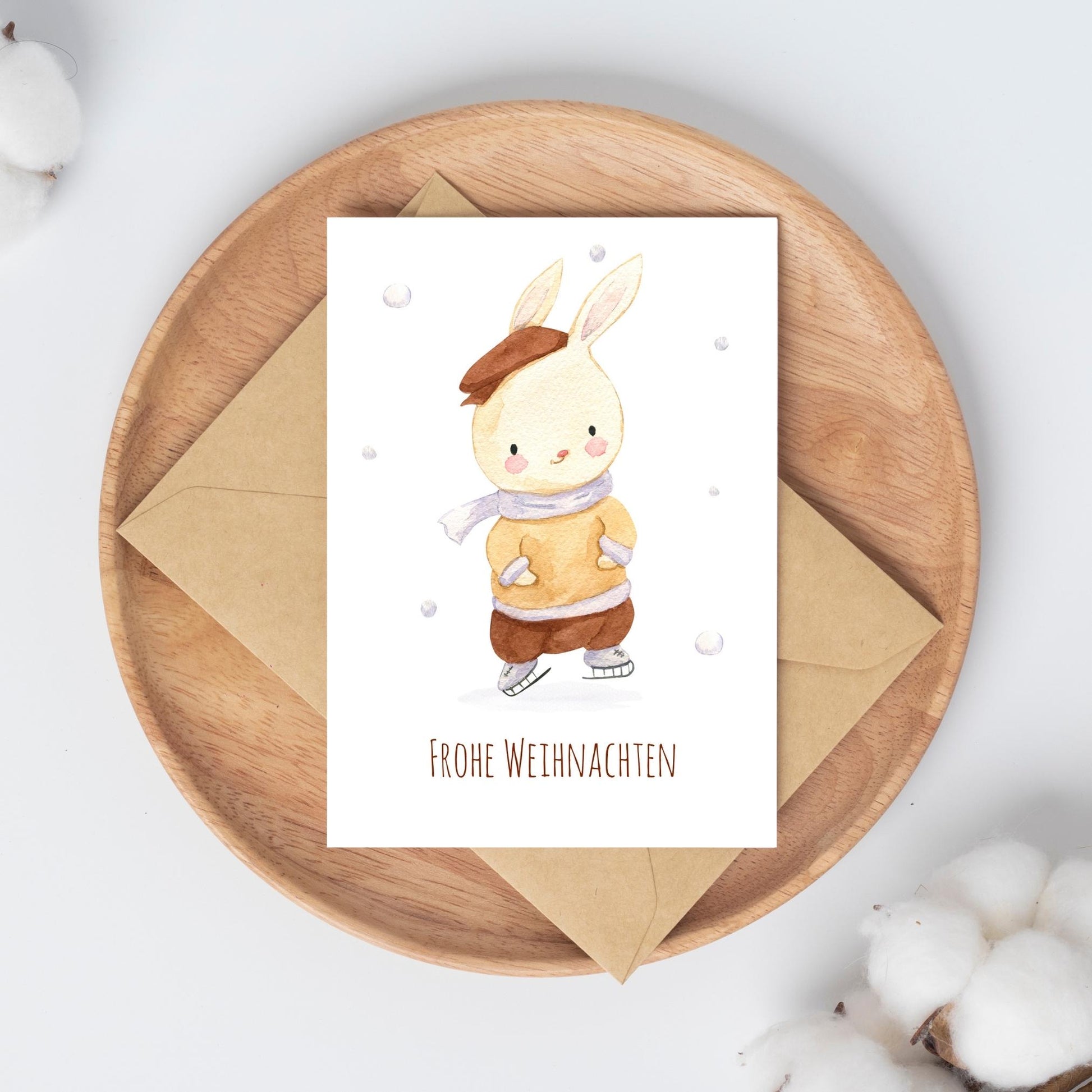 Weihnachtskarten-Set 6 Karten Winter Frohe Weihnachten A6, liebevoll gestaltete Karte mit weihnachtlicher Illustration, Hase auf Schlittschuhen, auf hochwertigem Naturpapier.