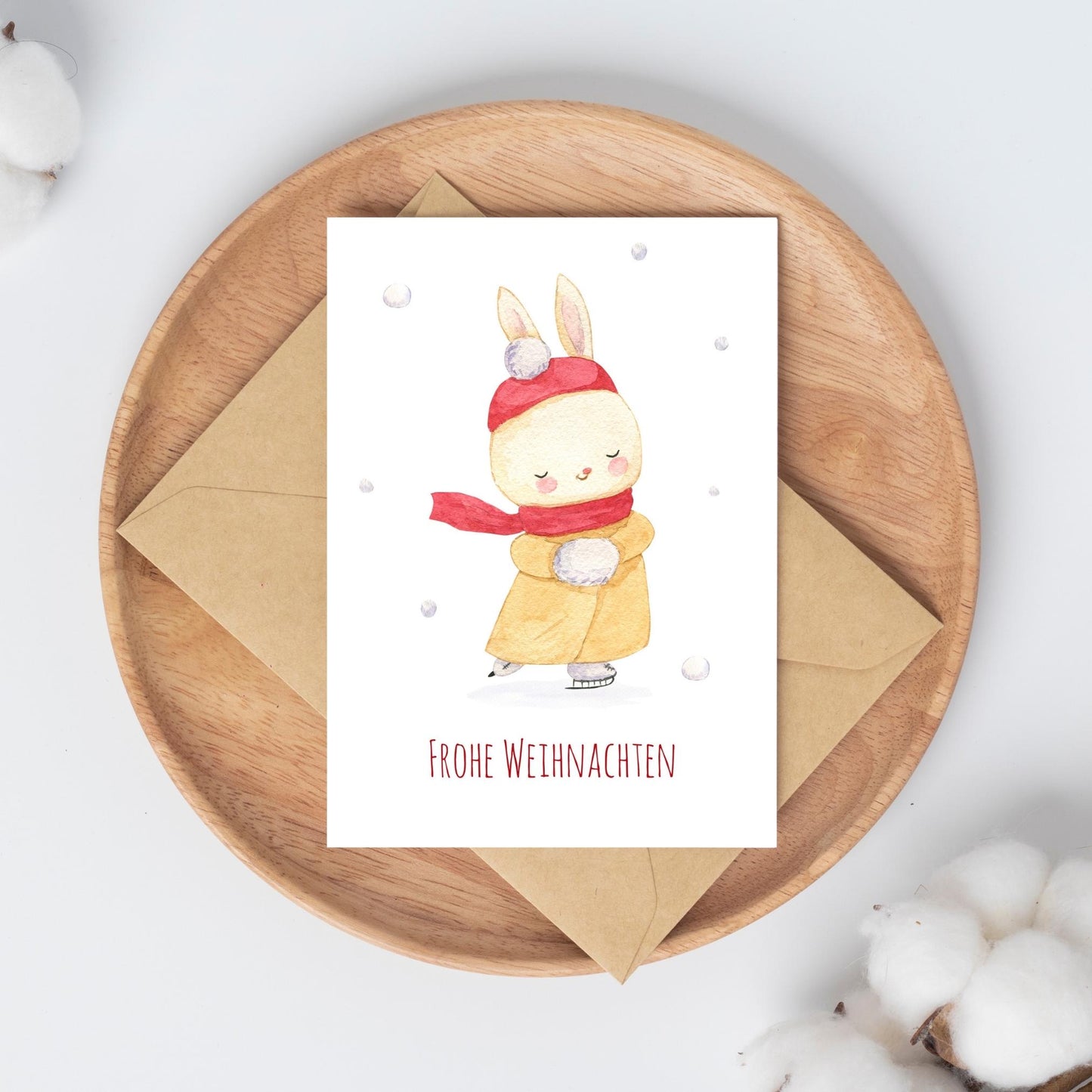 Weihnachtskarten-Set 6 Karten Winter Frohe Weihnachten A6: liebevoll illustrierte Weihnachtskarte mit winterlichem Hasen-Motiv und Frohe Weihnachten Schriftzug, gedruckt auf hochwertigem Naturpapier.