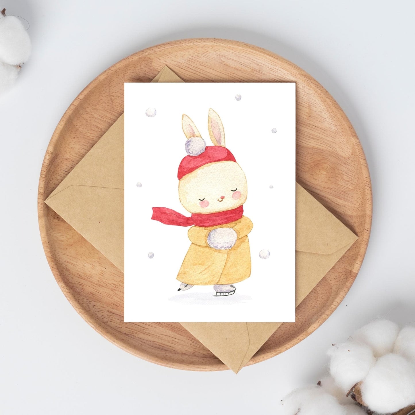 Weihnachtskarten-Set 6 Karten Winter A6: Handgefertigte Karte mit weihnachtlichen Illustrationen von Hase mit Hut und Schal, auf hochwertigem Naturpapier.