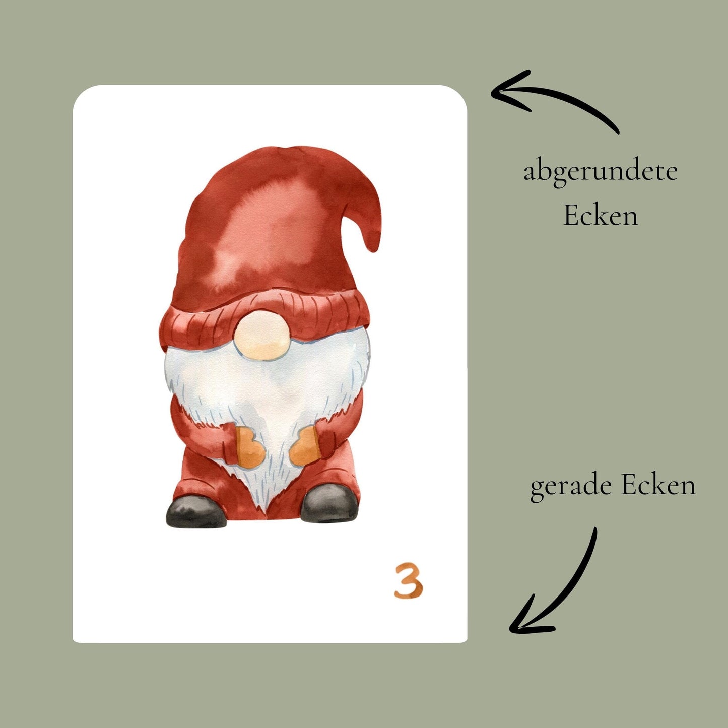 Adventskarten mit Zahlen und Illustrationen A7, zeigt eine Karte mit einem Aquarell-Gnom und eine Karte mit Text, ideal für DIY-Adventskalender.