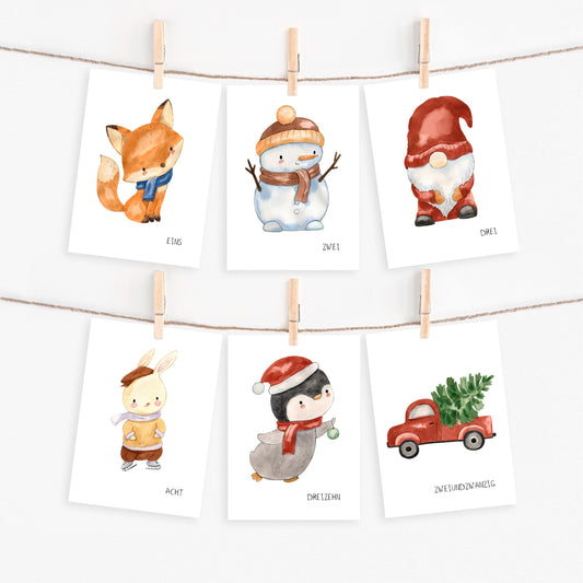 Adventskarten mit geschriebenen Zahlen und Illustrationen A7: Karten mit Tier- und Weihnachtsmotive, an einer Schnur aufgehängt, auf hochwertigem Naturpapier gedruckt.