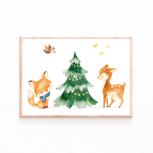 Weihnachtsposter Tiere A3, A4 & A5: Aquarell Waldtiere unter einem geschmückten Weihnachtsbaum, ideal als Kinderzimmerdekoration, Weihnachtsdekeo oder Geschenk.