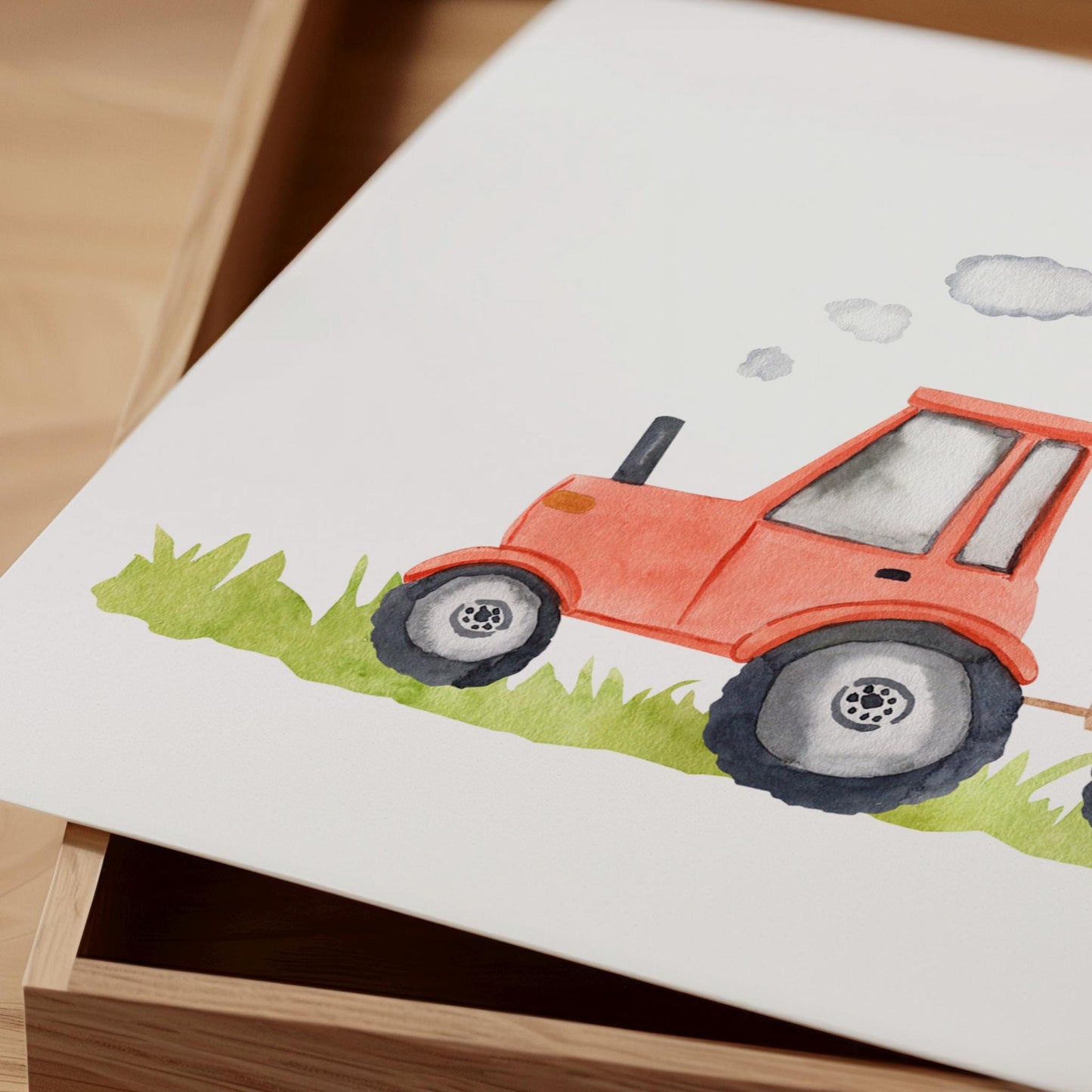 Poster Traktor und Tiere A3 & A4: Eine liebevoll illustrierte Zeichnung eines Traktors auf hochwertigem Naturpapier, ideal als Kinderzimmerdeko.