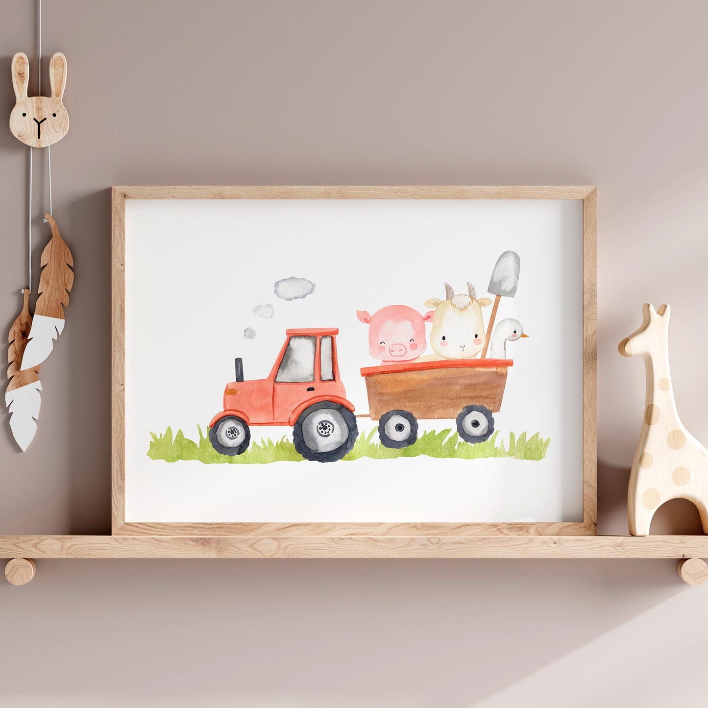 Poster Traktor und Tiere A3 & A4: Illustration von Tieren in einem Traktor, ideal für Kinderzimmer. Gedruckt auf hochwertigem 300g Naturpapier, erhältlich in A4 und A3.