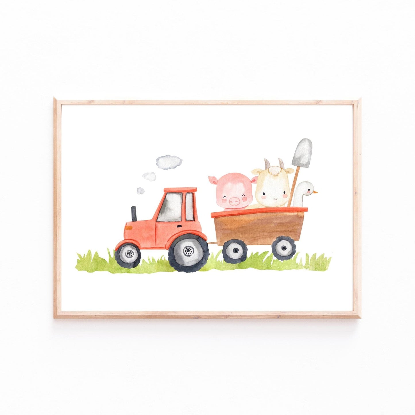 Poster Traktor und Tiere A3 & A4: Aquarellillustration eines Traktors mit Bauernhoftieren. Perfekt als Kinderzimmerdeko, gedruckt auf hochwertigem 300g Naturpapier, erhältlich in A3 und A4.