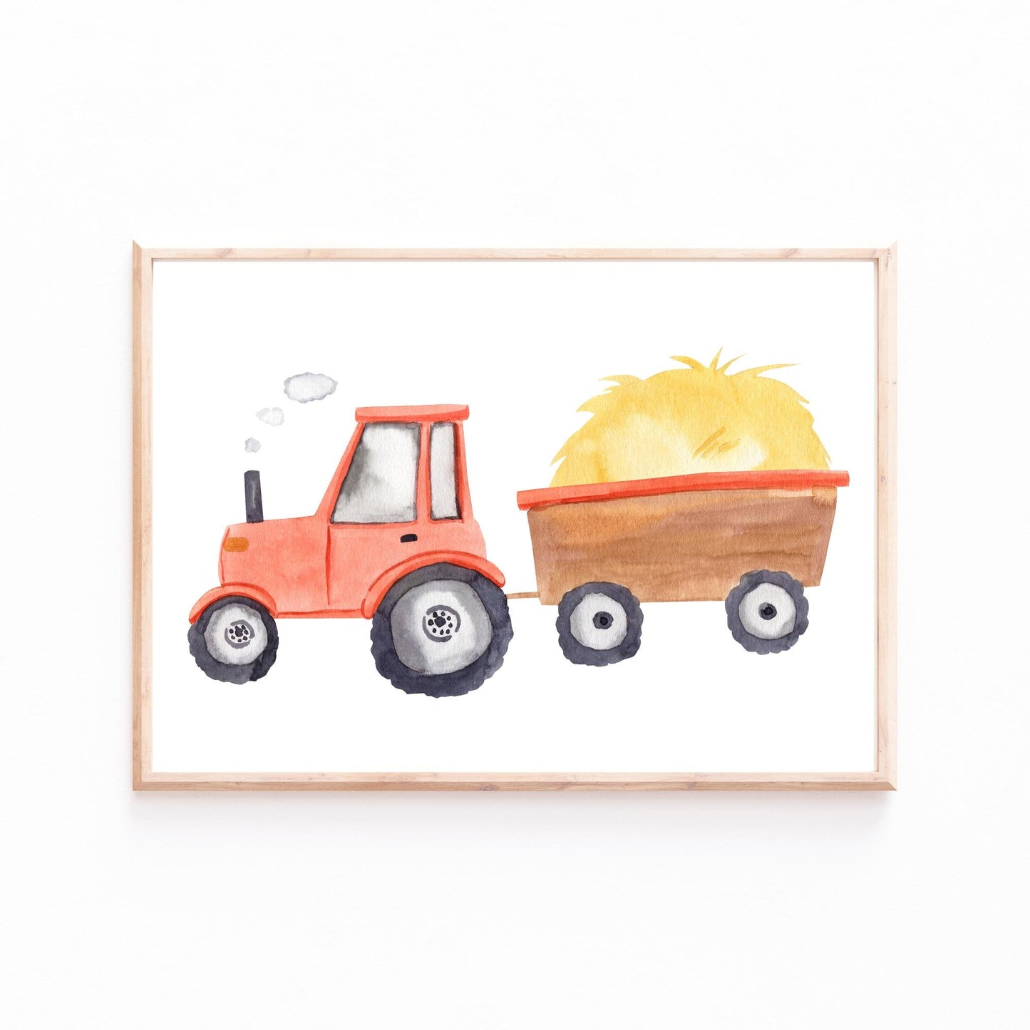 Poster Traktor mit Anhänger A3 & A4: Aquarellbild von Traktor mit Anhänger auf hochwertigem Naturpapier, ideal für das Kinderzimmer.