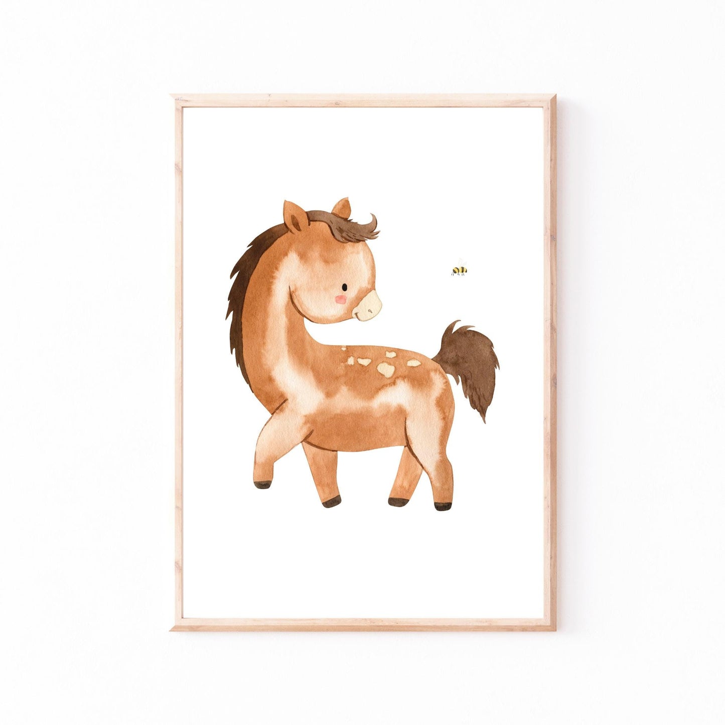 Poster Pony A3 & A4: Eine detaillierte Aquarellillustration von einem Pony, ideal für das Kinderzimmer, gedruckt auf hochwertigem 300g Naturpapier.