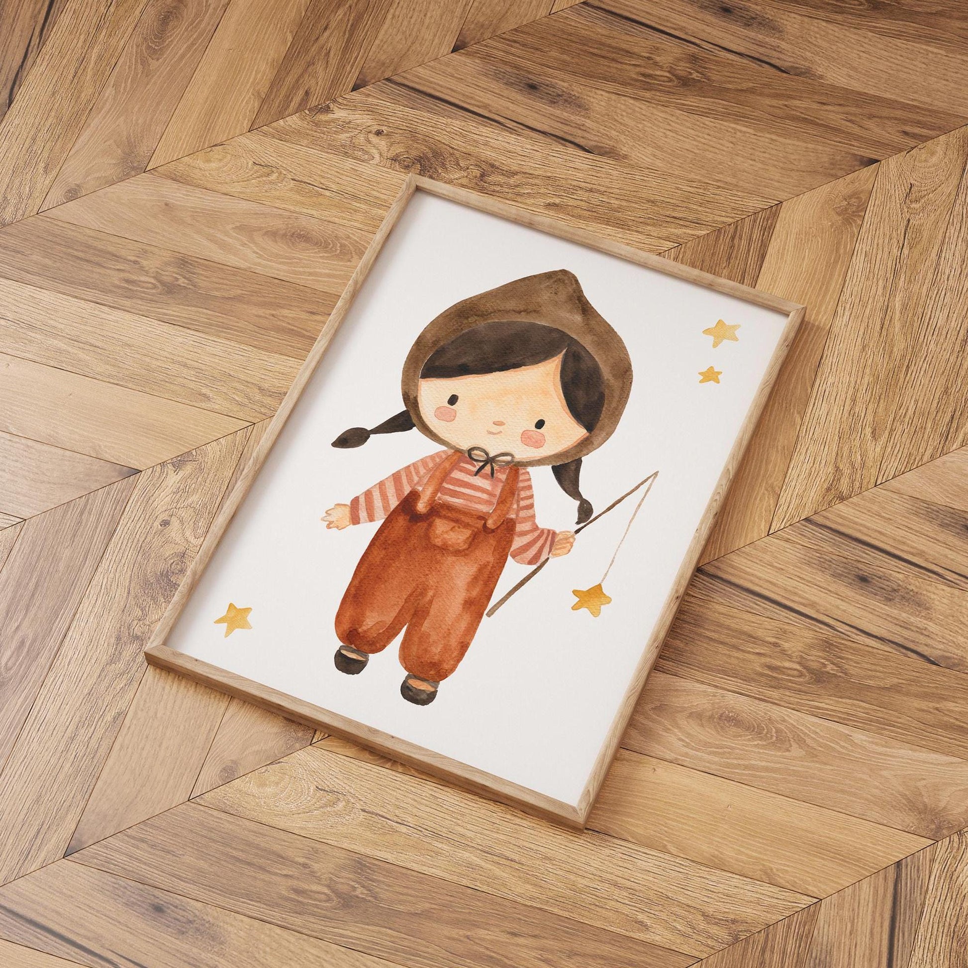 Poster Mädchen mit Sternen A3 & A4: Illustration von einem Mädchens mit Sternen auf hochwertigem Naturpapier, ideal für Kinderzimmerdekoration oder als Geschenk.