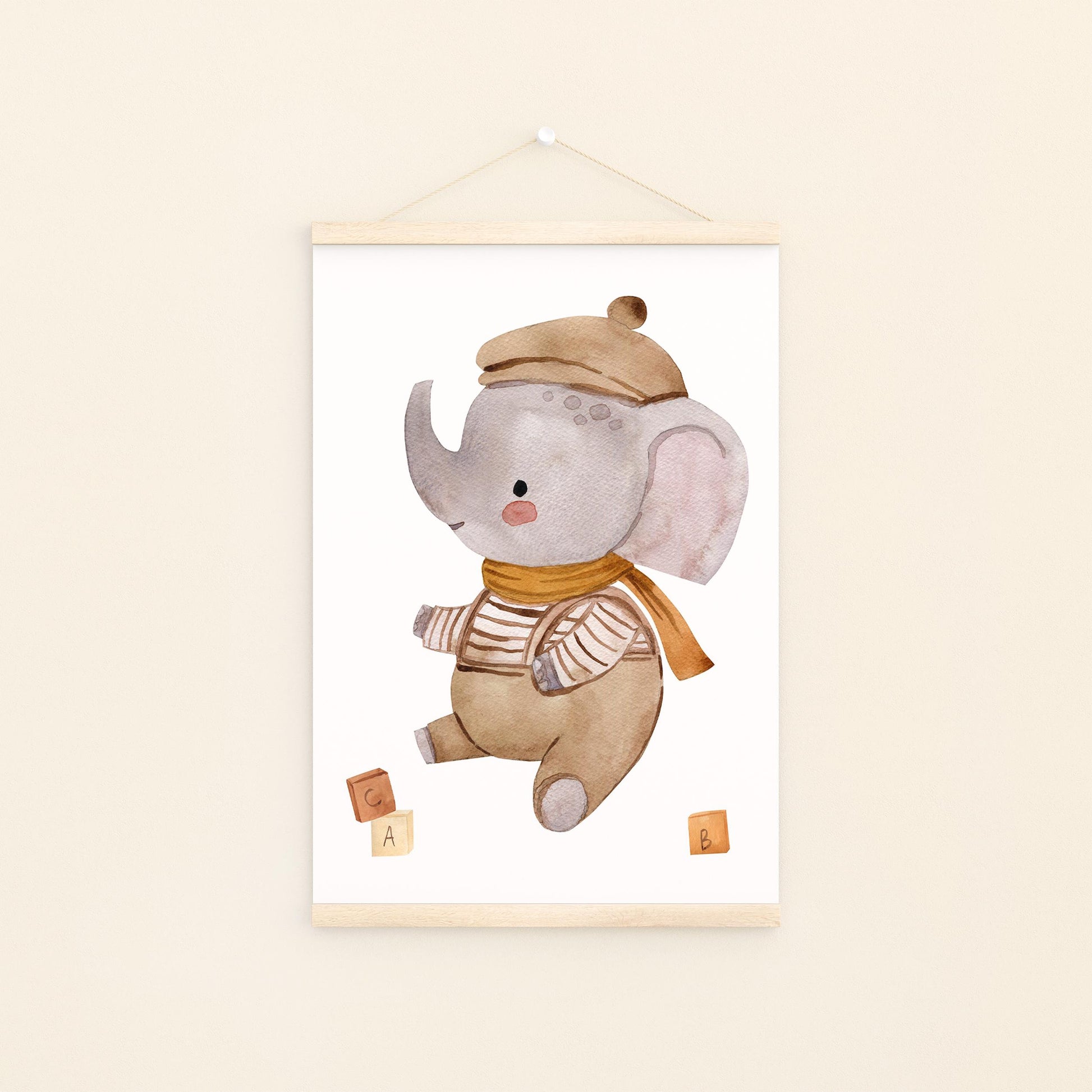 Poster Elefant Vintage A3 & A4: zauberhafter Aquarell-Elefant, ideal als Kinderzimmerdeko, auf hochwertigem Naturpapier gedruckt.