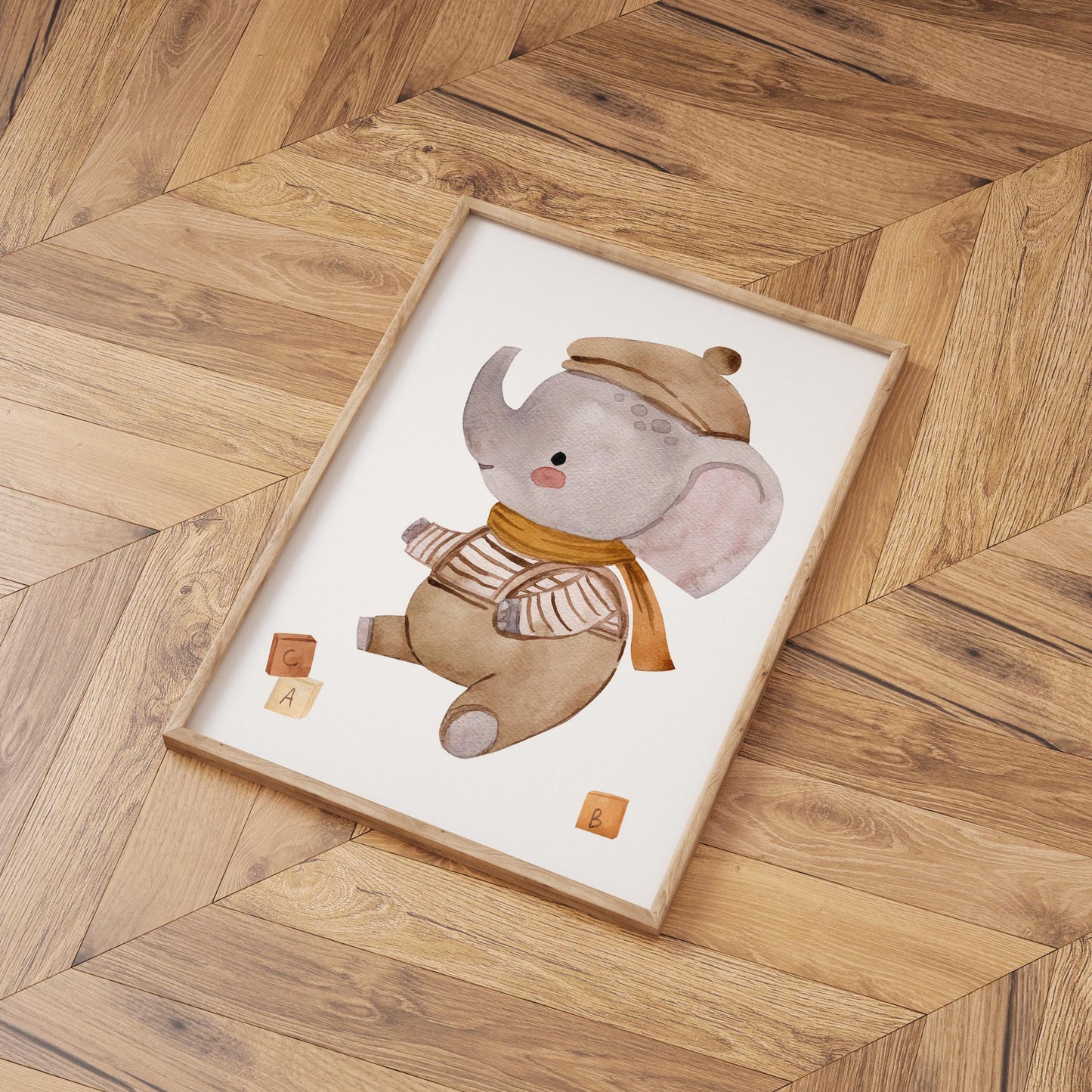 Poster Elefant Vintage A3 & A4: Ein handgemaltes Kinderzimmer-Poster mit niedlichem Elefant, ideal als Dekoration oder Geschenk, gedruckt auf hochwertigem Naturpapier.