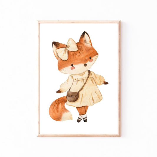 Poster Füchsin Vintage A3 & A4: Ein Aquarell-Fuchs in einem Rahmen, ideal als Kinderzimmerdeko, gedruckt auf hochwertigem 300g Naturpapier, erhältlich in A3 und A4.