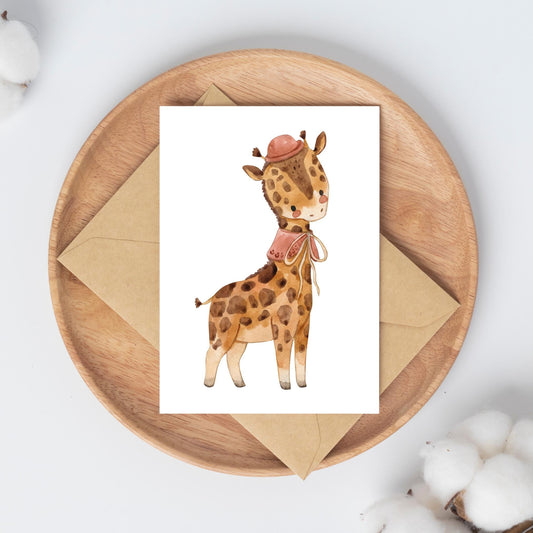 Karte Giraffe Vintage A6 zeigt eine Giraffe mit Hut und Schal im Vintage-Stil auf hochwertigem Naturpapier, perfekt als Grußkarte oder Geschenk.