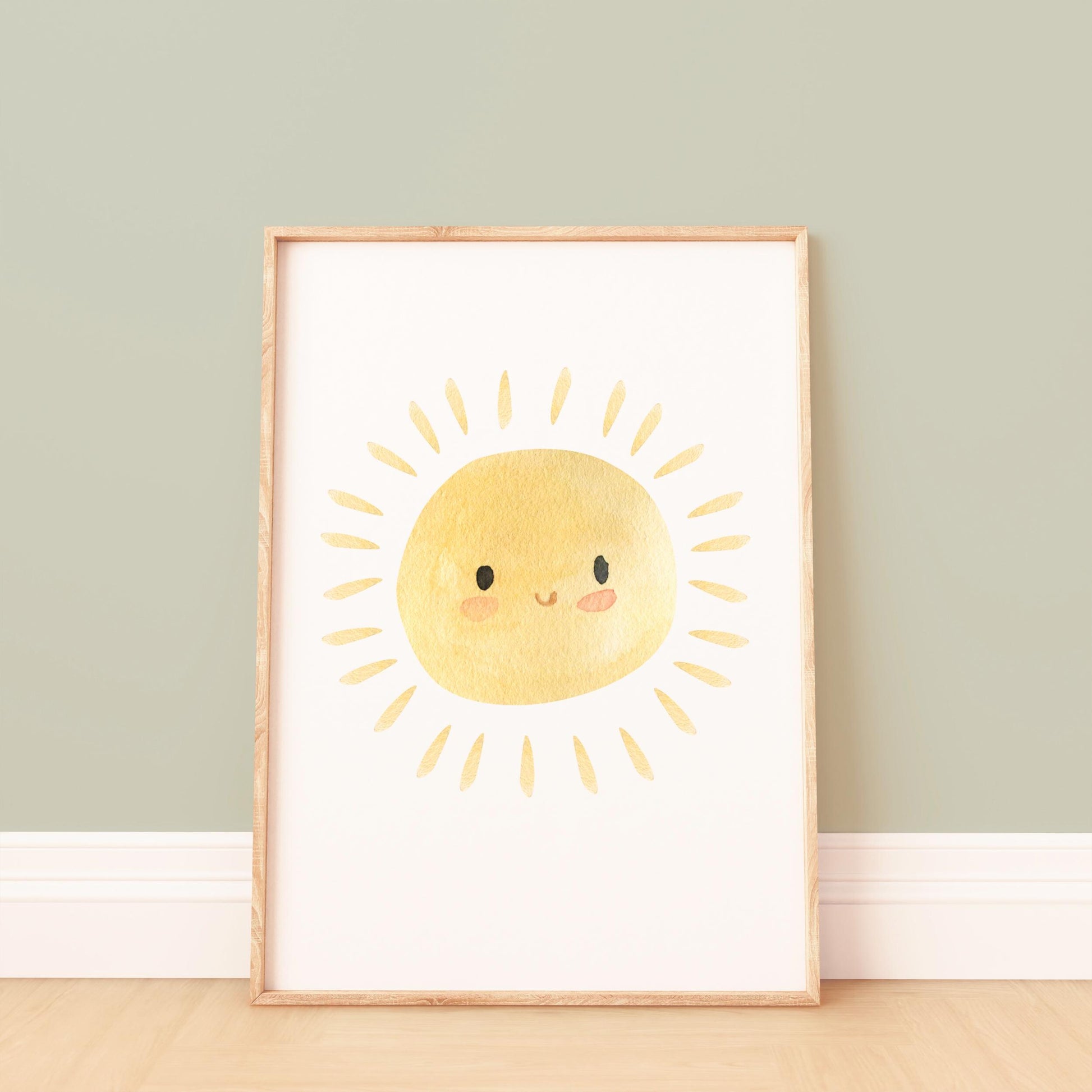 Poster Sonne A3 & A4: Aquarell-Illustration einer lächelnden Sonne, ideal für Kinderzimmer, gedruckt auf hochwertigem, mattem 300g Naturpapier.