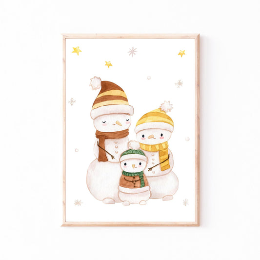 Weihnachtsposter Familie Schneemann A3, A4 & A5: Handgemaltes Bild einer Schneemannfamilie mit Hüten und Schals, ideal als Kinderzimmerdeko und Weihnachtsgeschenk.