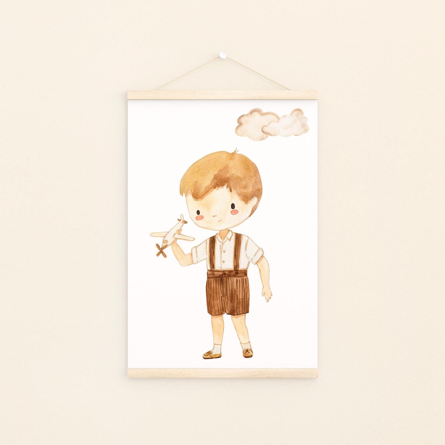 Poster Junge mit Flugzeug A3 & A4: Illustration von einem Jungen mit Spielzeugflugzeug, ideal für Kinderzimmer; hochwertiger Druck auf mattem 300g Naturpapier.