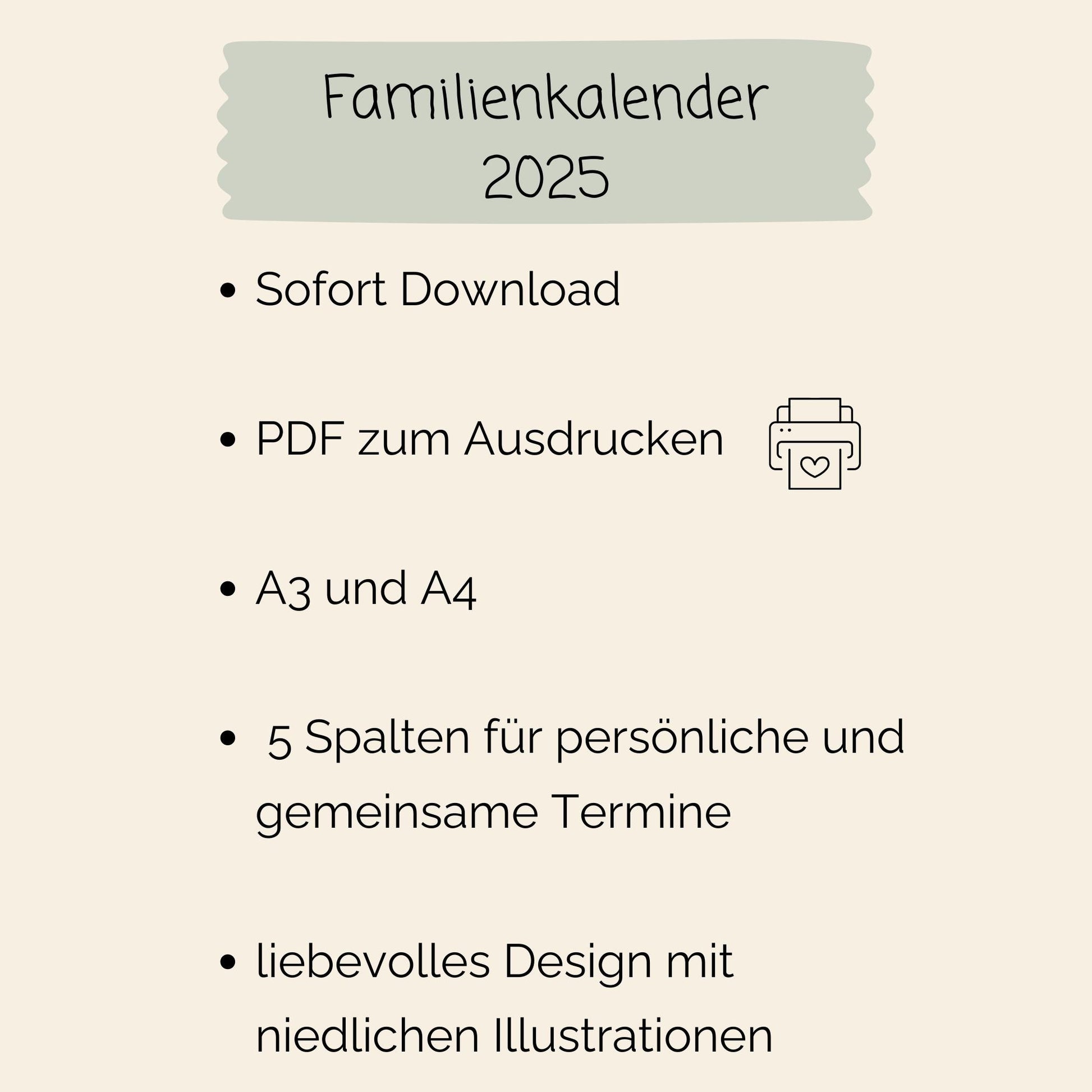 Familienkalender 2025 zum Ausdrucken; Screenshot mit Kalenderübersicht, ideal für Familienplanung. PDF-Download, 5 Spalten, handgemalte Illustrationen, A3/A4-Größe, sofort verfügbar.