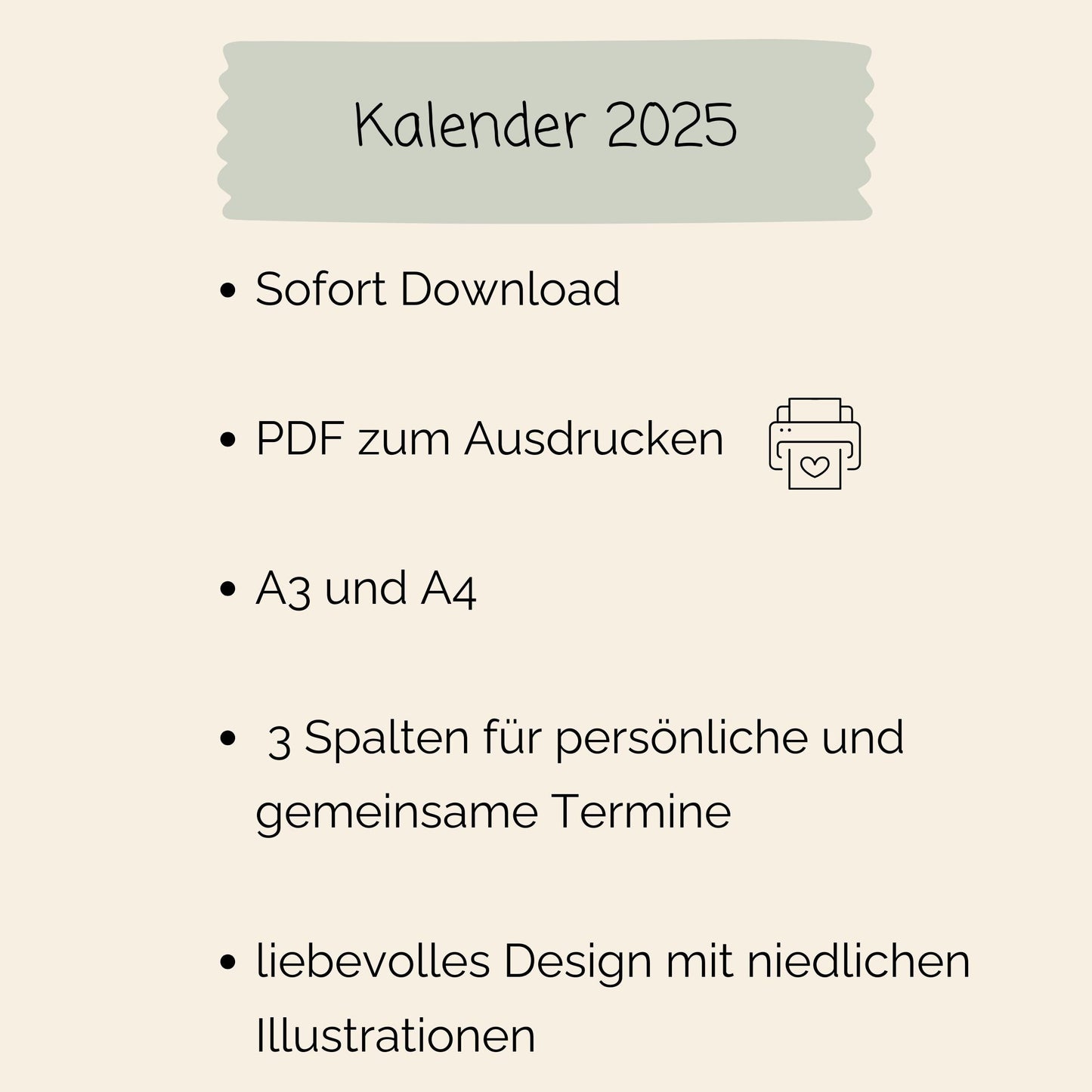 Paarkalender 2025 zum Ausdrucken, zeigt Kalenderlayout mit 3 Spalten. Perfekt für Familienplanung. Digitaler Download als PDF in A3 und A4.