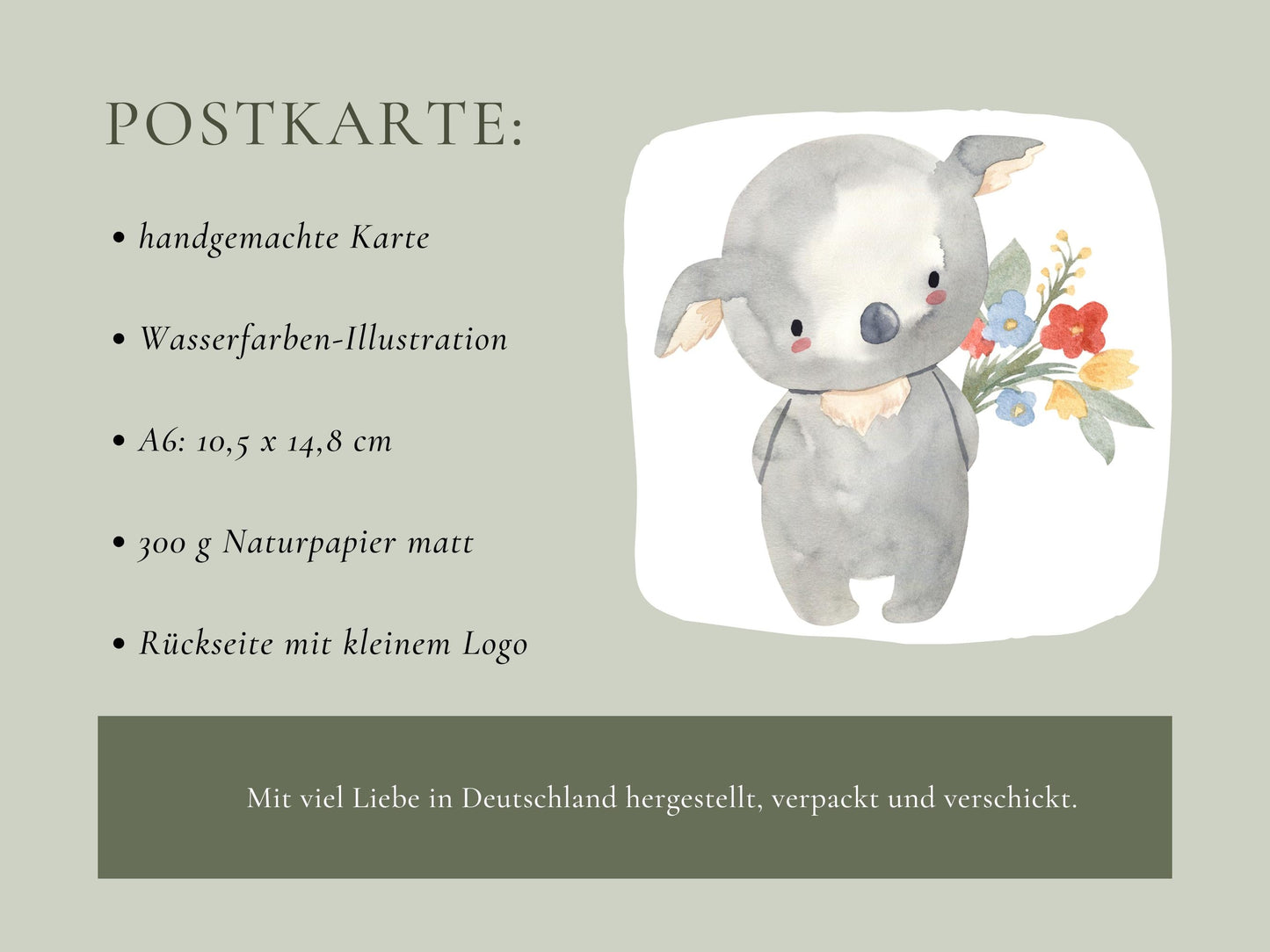 Karte Blumengrüße Koala A6: Eine Postkarte mit einem Cartoon-Koala, der Blumen hält, auf hochwertigem, stabilem Naturpapier gedruckt. Ideal für Glückwünsche oder Grüße.