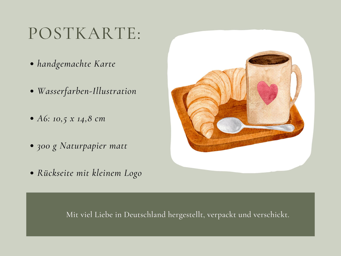 Postkarte Frühstück A6 mit Kaffee- und Croissant-Motiv auf Schneidebrett, ideal als Einladung oder Grußkarte für Kaffee- und Frühstücksfreunde.