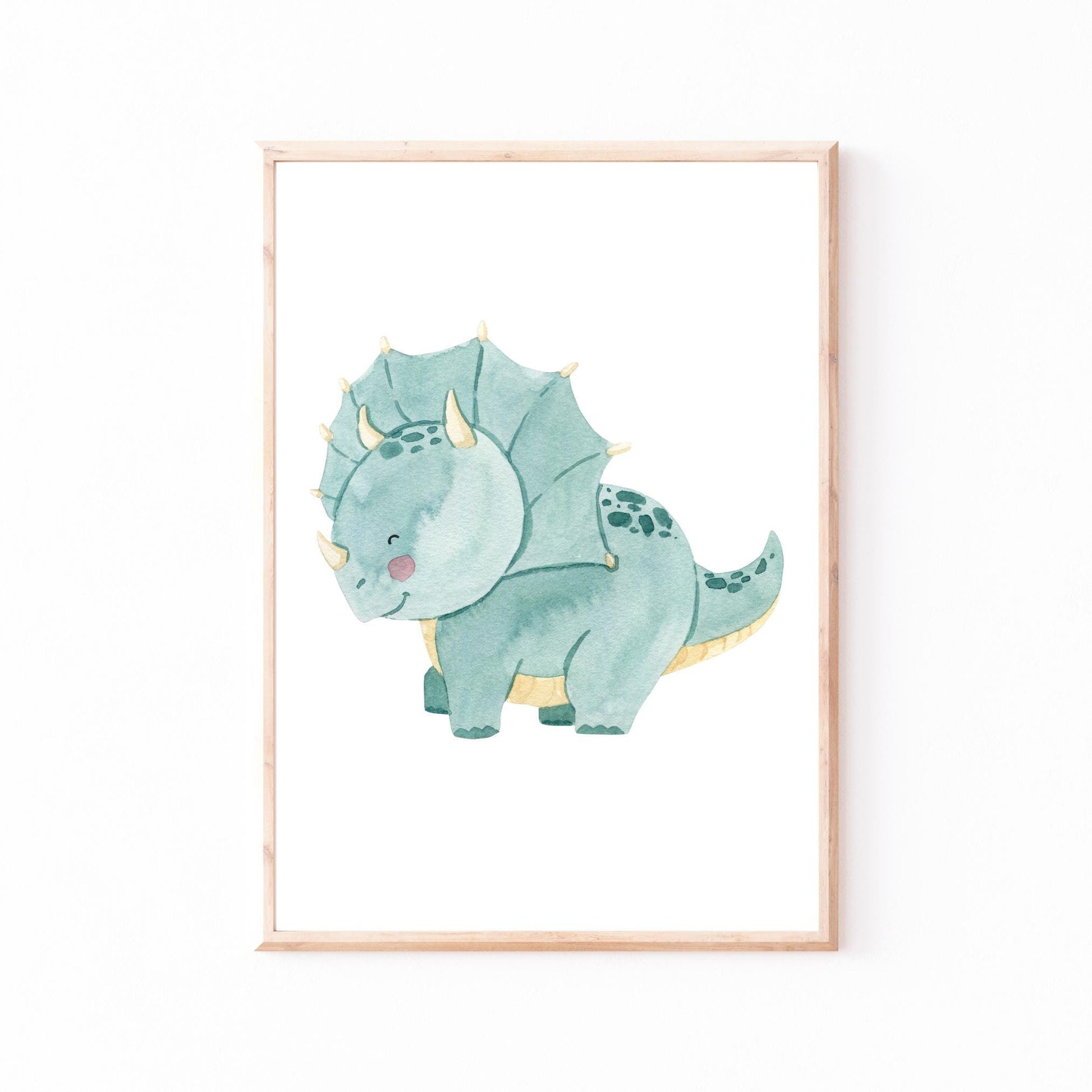 Poster Dinosaurier Dreizack zum Ausdrucken zeigt ein Aquarell-Dinosaurier, ideal als Kinderzimmerdeko. Digitales Produkt, in drei Formaten erhältlich.
