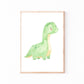 Poster Dinosaurier Hellgrün zum Ausdrucken zeigt ein kindgerechtes Aquarell eines grünen Dinosauriers, ideal für Kinderzimmerdekoration. Digitales Produkt in drei Formaten erhältlich.