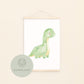 Poster Dinosaurier Hellgrün zum Ausdrucken in 3 Größen zeigt eine grüne Dinosaurierillustration auf weißem Hintergrund, ideal als Kinderzimmerdeko oder Geschenk.